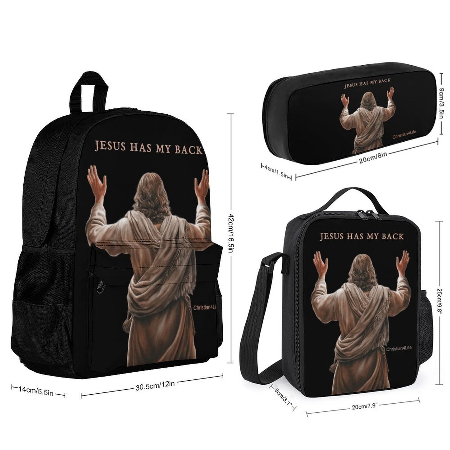 Black backpack, lunch bag, and pencil case with 'Jesus Has My Back' design on a white background.