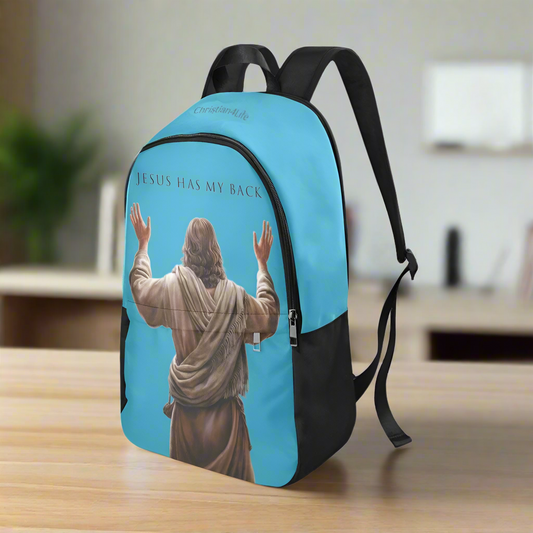 "Jesus Has My Back" Christian Backpack-Black Side Accent (Choose Green or Blue shades)