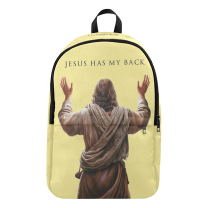 Backpack with a graphic of Jesus with outstretched arms and 'Jesus Has My Back' text on a yellow background.