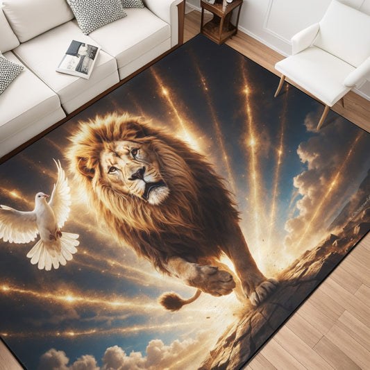 Front-Lion-of-Judah-Holy-Spirit-Rays Area Rug with Black Binding 84"x60"