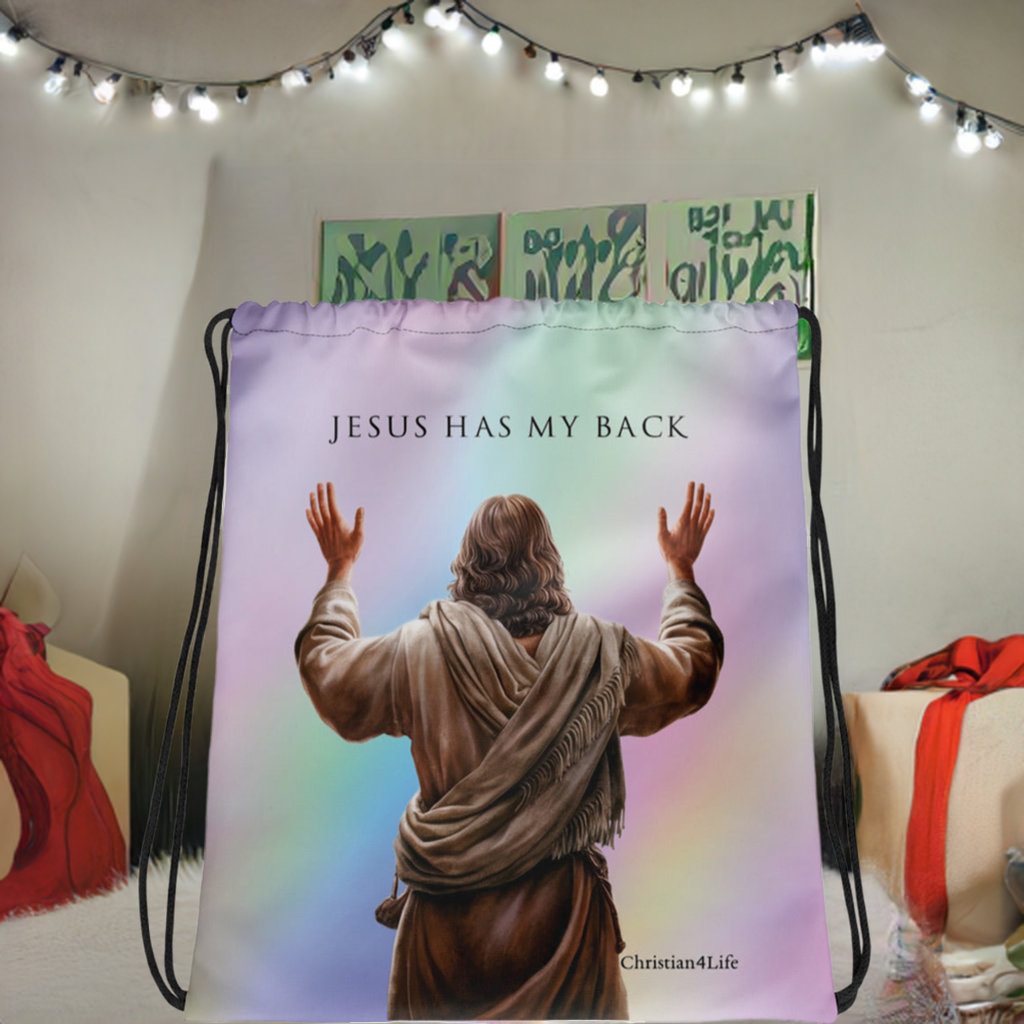 "Jesus Has My Back" 15″ × 17″ Drawstring bag (multi-color) Bags Christian4Life