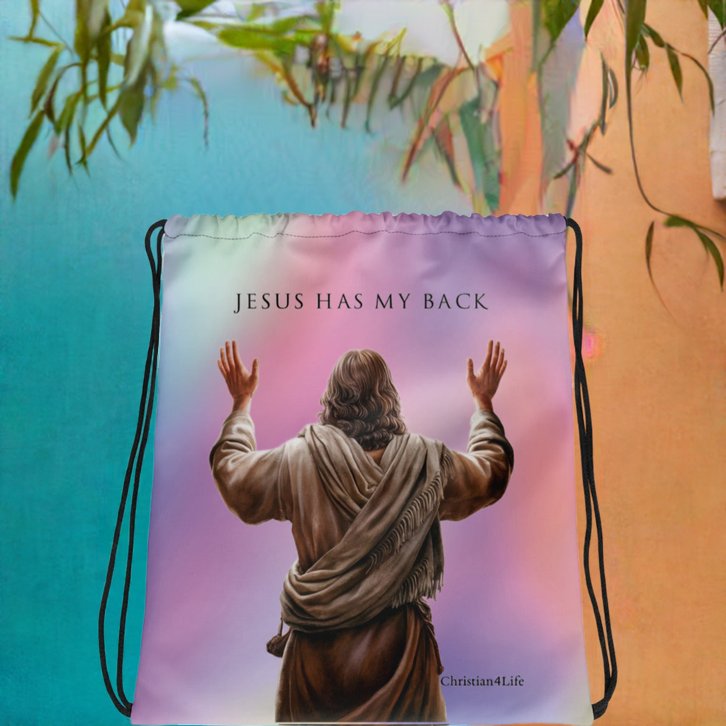 "Jesus Has My Back" 15″ × 17″ Drawstring bag (multi-color) Bags Christian4Life