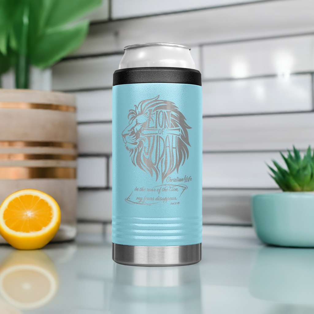 Lion of Judah, Joel 3:16,  Personalized 12oz coozie - stainless steel Insulated Christian Tumbler