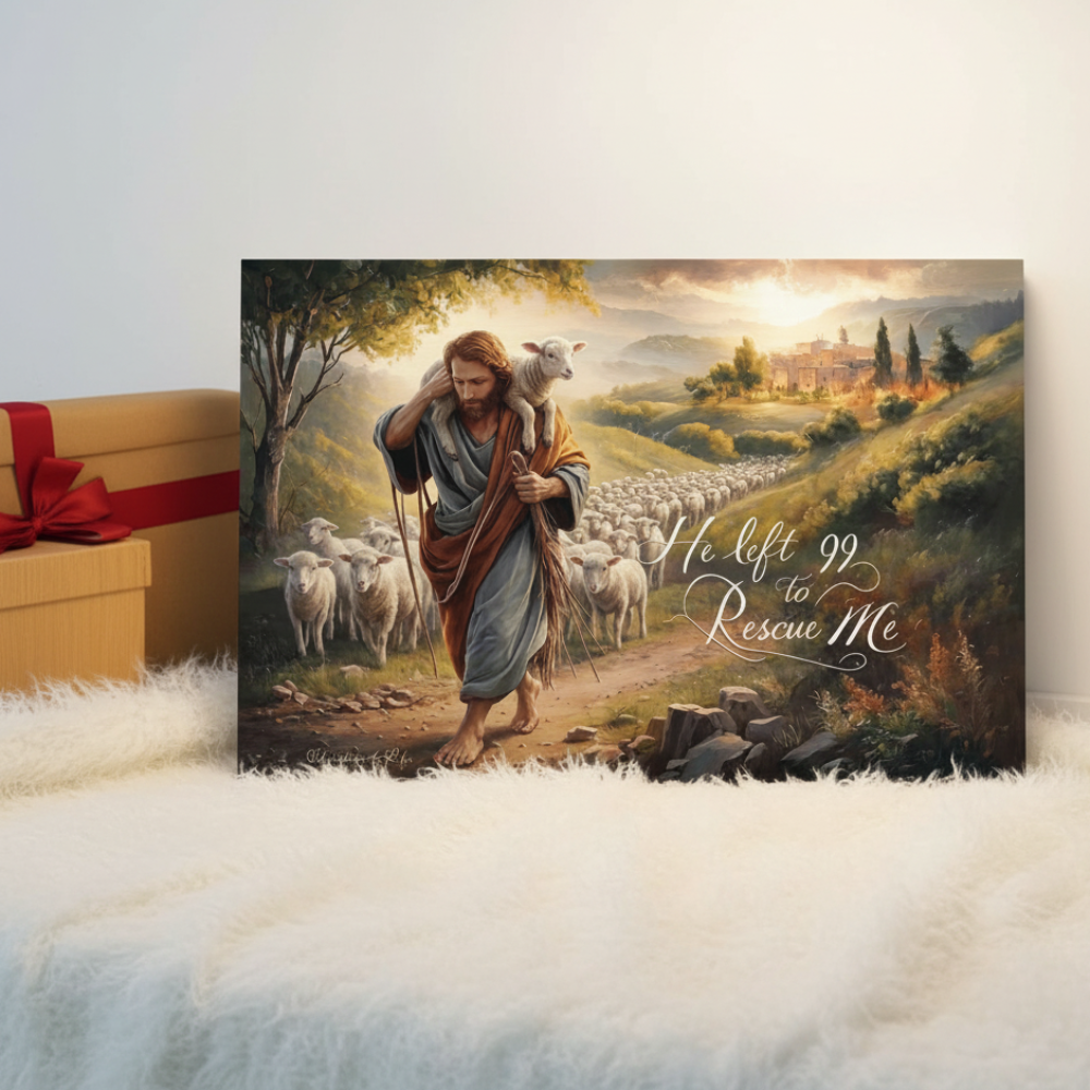Canvas print of a shepherd with a lamb in a pastoral scene, placed on a white surface with a gift box.