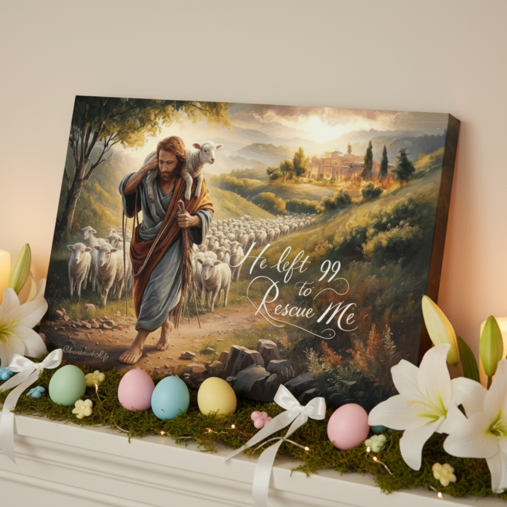 Canvas print of a religious scene with a shepherd and sheep, surrounded by Easter eggs and flowers.