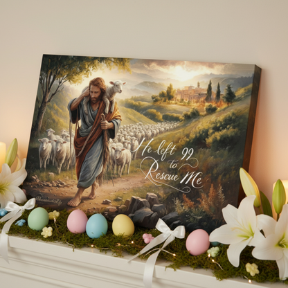 Canvas print of a religious scene with a shepherd and sheep, surrounded by Easter eggs and flowers.