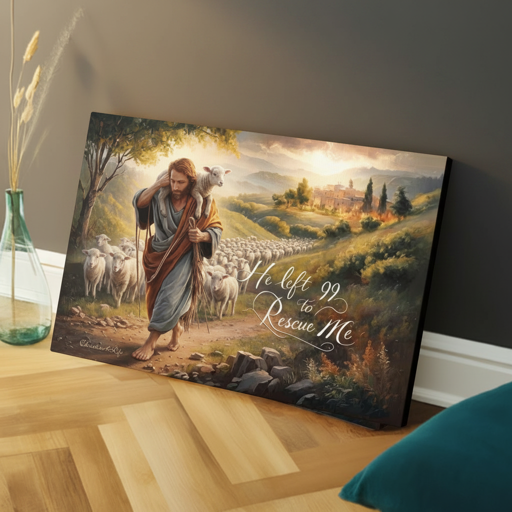 Canvas print of a religious scene with a shepherd and sheep on a wooden table.