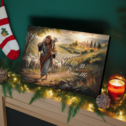 Canvas print of a shepherd with sheep on a landscape, surrounded by Christmas decorations.