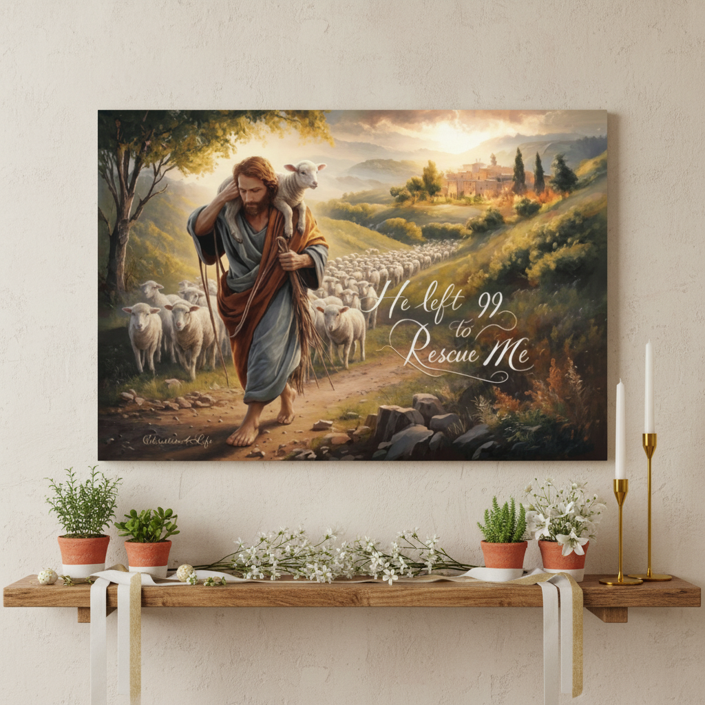 Painting of a shepherd with sheep on a wall above a wooden shelf with plants and candles.