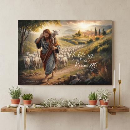 Painting of a shepherd with sheep on a wall above a wooden shelf with plants and candles.