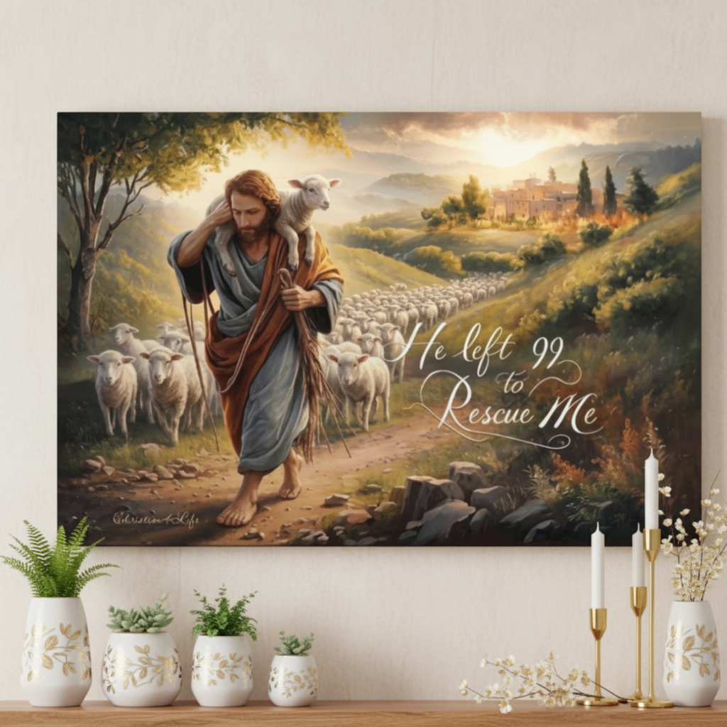 Painting of a shepherd with a lamb on a wall above a decorative shelf with plants and candles.