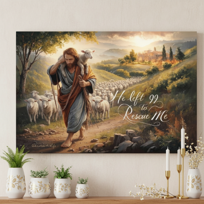 Painting of a shepherd with a lamb on a wall above a decorative shelf with plants and candles.