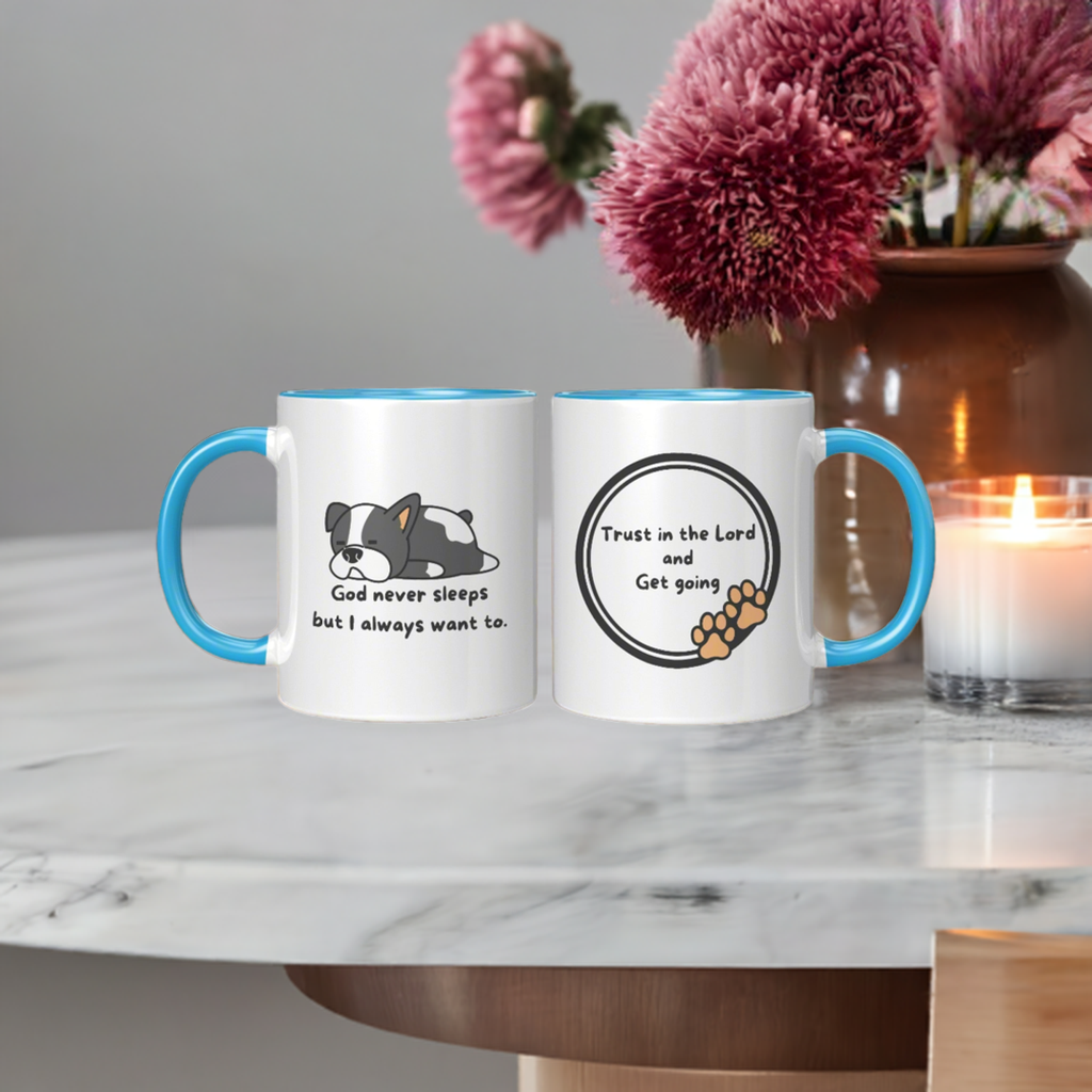 11oz "God never sleeps but I always want to" White Mug, inside color schemes