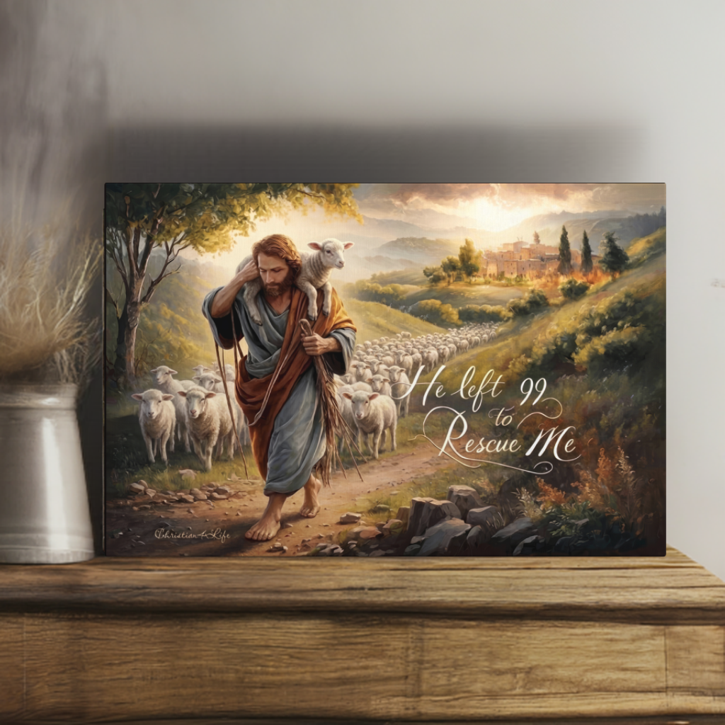 Painting of a shepherd with a lamb on a wooden surface