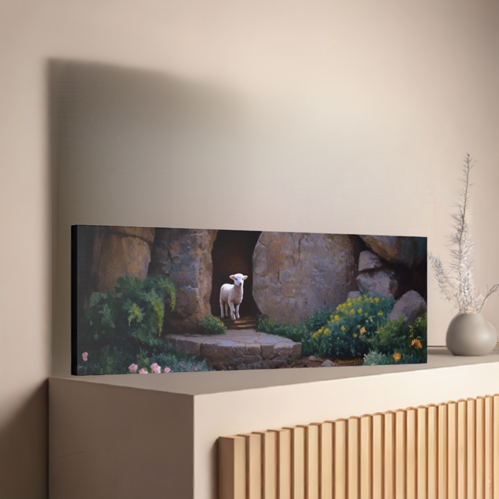 He is Risen, Tomb and Lamb Christian Wall Art Canvas, Easter (multiple sizes)