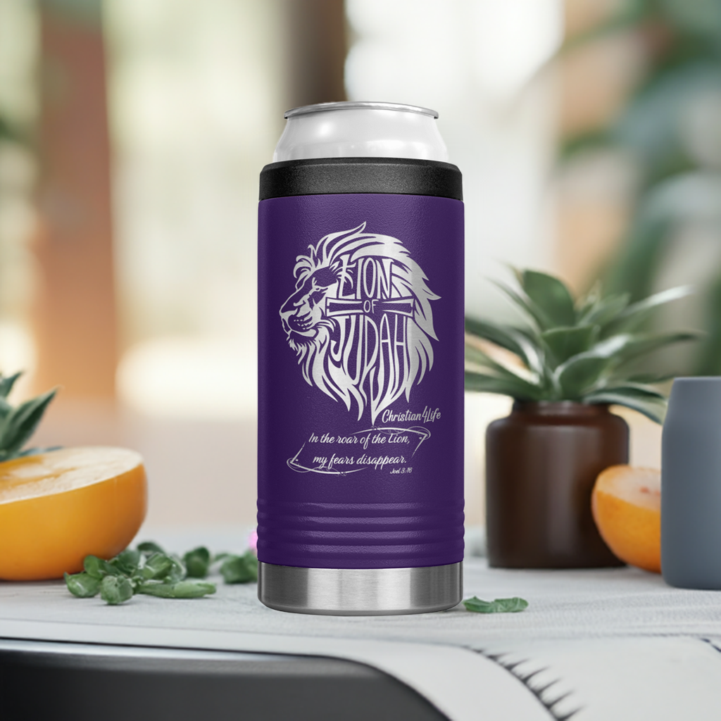 Lion of Judah, Joel 3:16,  Personalized 12oz coozie - stainless steel Insulated Christian Tumbler