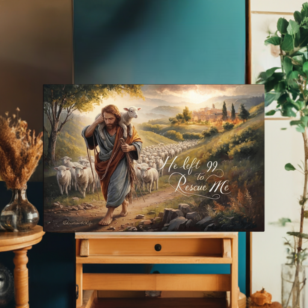 Painting of a shepherd with sheep in a pastoral scene, placed on a wooden surface.