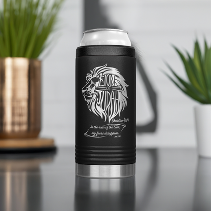 Lion of Judah, Joel 3:16,  Personalized 12oz coozie - stainless steel Insulated Christian Tumbler