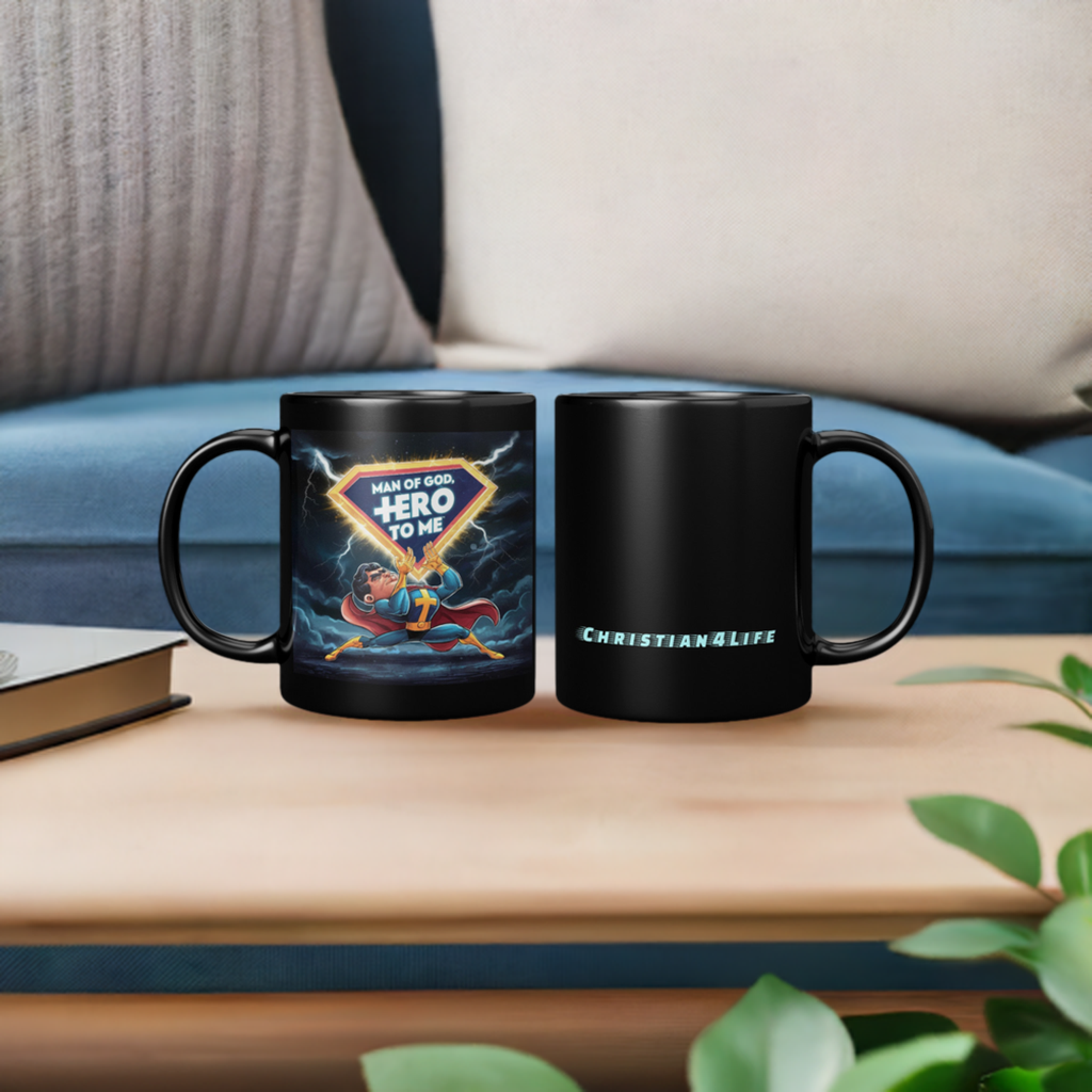 Christian4Life Superhero 11oz Black Mug - "Man of God, Hero to Me" Front/Back Christian4Life