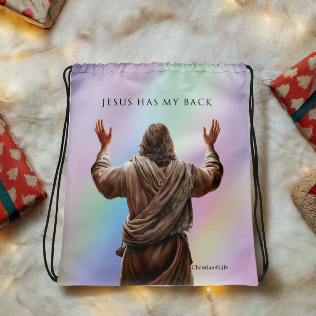 "Jesus Has My Back" 15″ × 17″ Drawstring bag (multi-color) Bags Christian4Life