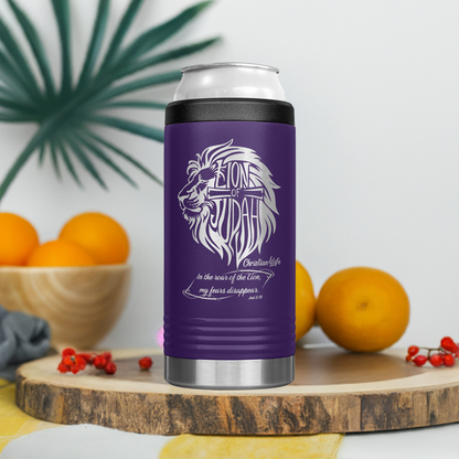 Lion of Judah, Joel 3:16,  Personalized 12oz coozie - stainless steel Insulated Christian Tumbler