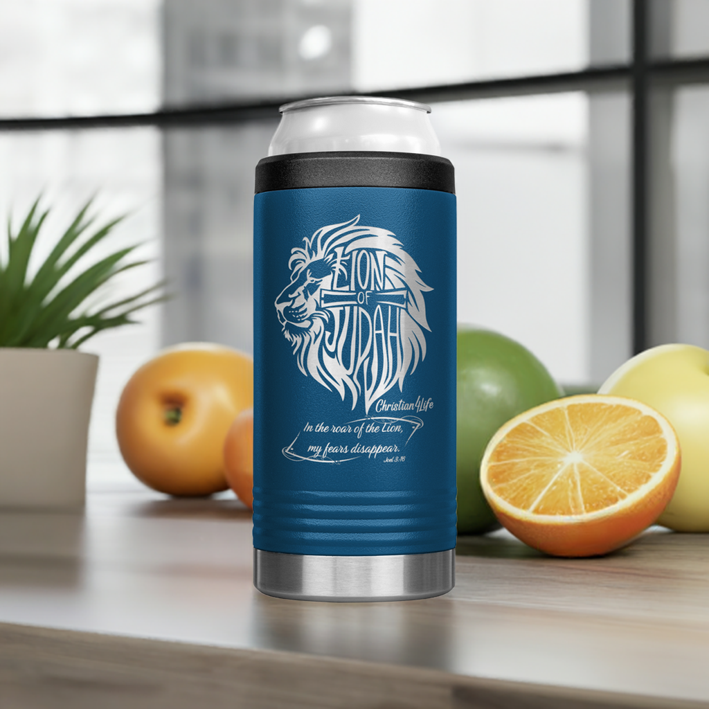 Lion of Judah, Joel 3:16,  Personalized 12oz coozie - stainless steel Insulated Christian Tumbler