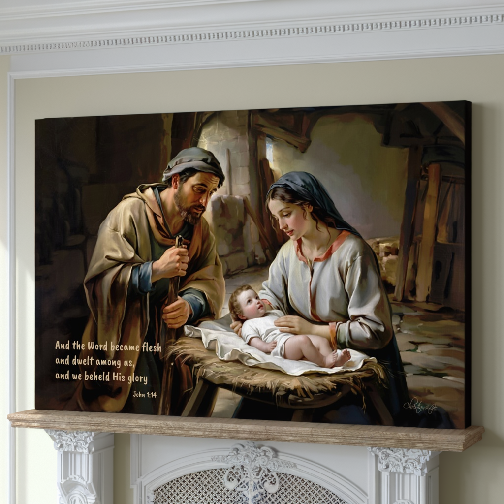 Painting of the Holy Family on a mantelpiece with a quote below.