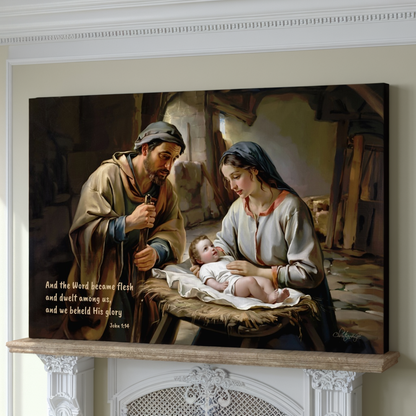 Painting of the Holy Family on a mantelpiece with a quote below.