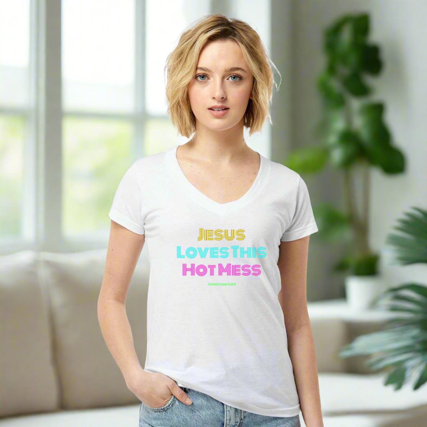 Jesus Loves this Hot Mess - womens tultex v neck