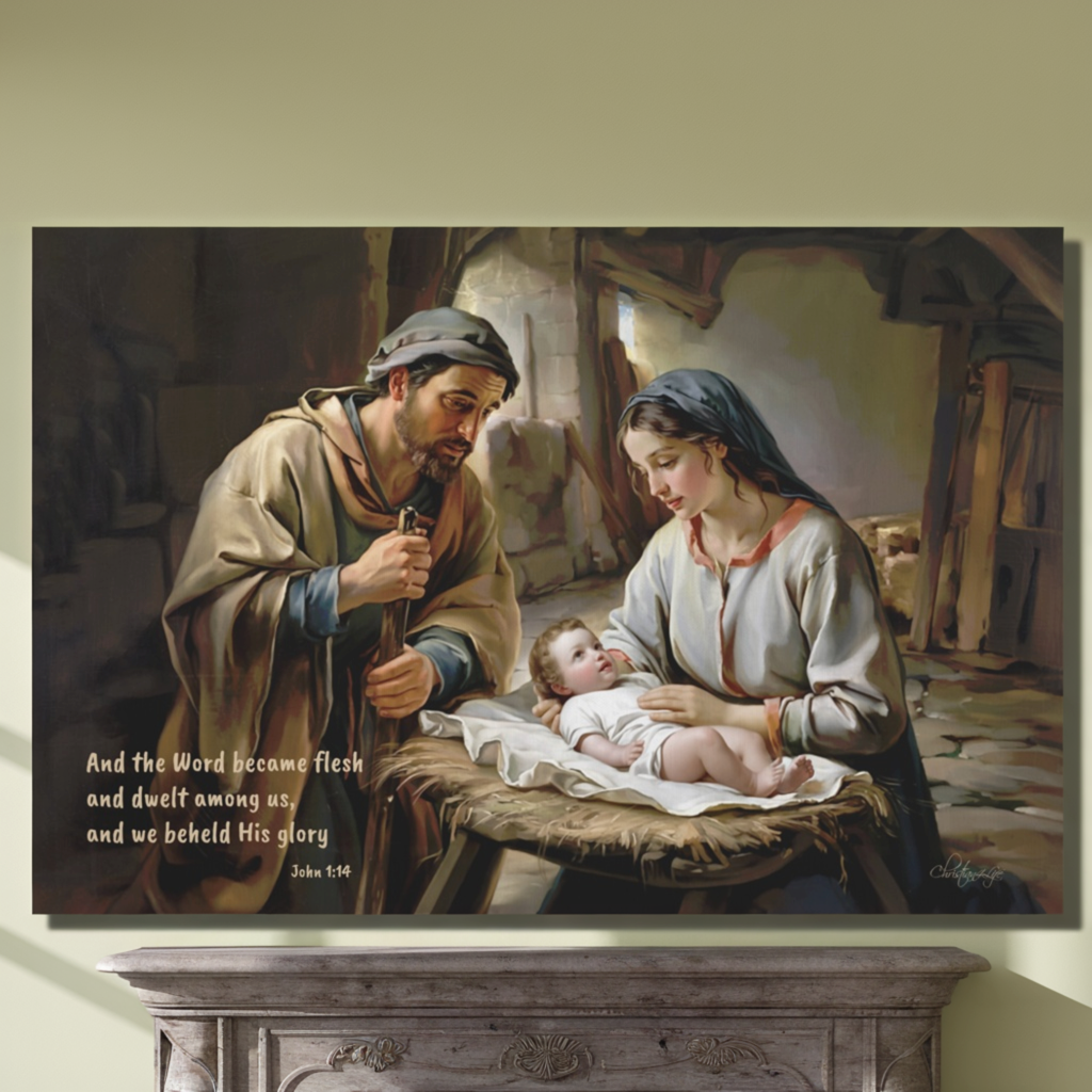 Painting of Joseph and Mary holding baby Jesus with a religious quote on a wooden shelf.
