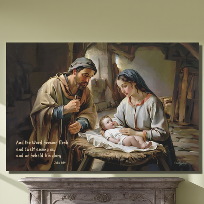 Painting of Joseph and Mary holding baby Jesus with a religious quote on a wooden shelf.