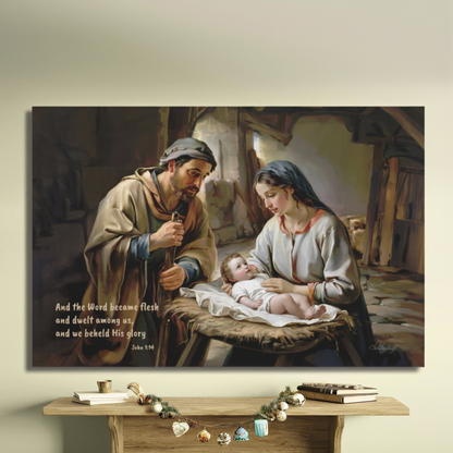Painting of a nativity scene with Mary, Joseph, and baby Jesus on a wall above a wooden shelf.