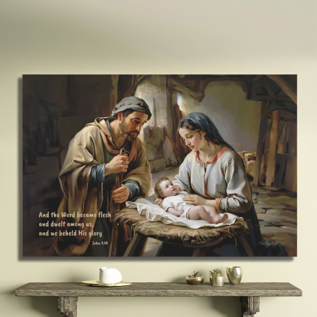 Painting of a nativity scene with Mary, Joseph, and baby Jesus on a wall above a shelf.