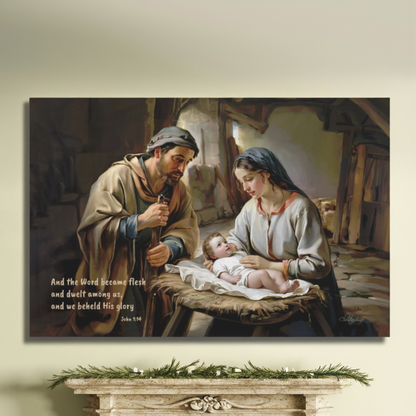 Painting of the Nativity scene with Mary, Joseph, and baby Jesus on a mantelpiece.