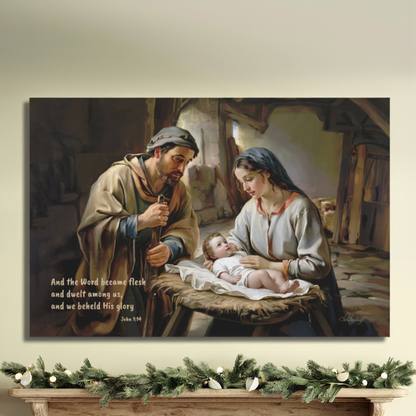 Painting of a nativity scene with Mary, Joseph, and baby Jesus on a mantel with Christmas decorations.