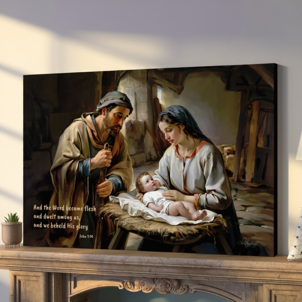 Canvas print of a religious scene with a Joseph and Mary holding baby Jesus, placed on a wooden surface.