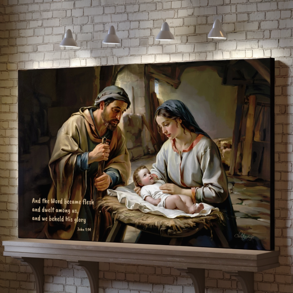 Canvas artwork of a nativity scene with Mary, Joseph, and baby Jesus on a brick wall background.