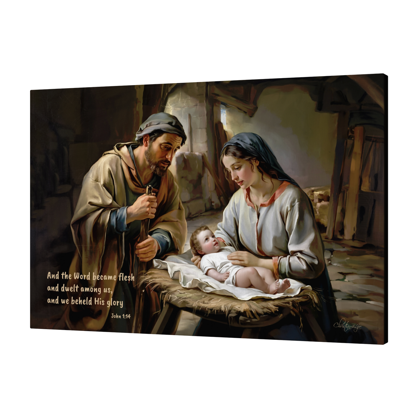 Painting of Joseph and Mary holding  baby Jesus with a rustic setting