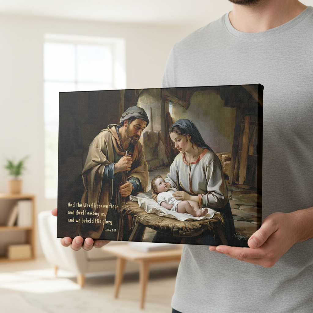 Person holding a framed artwork of a religious scene with Joseph, Mary and baby Jesus