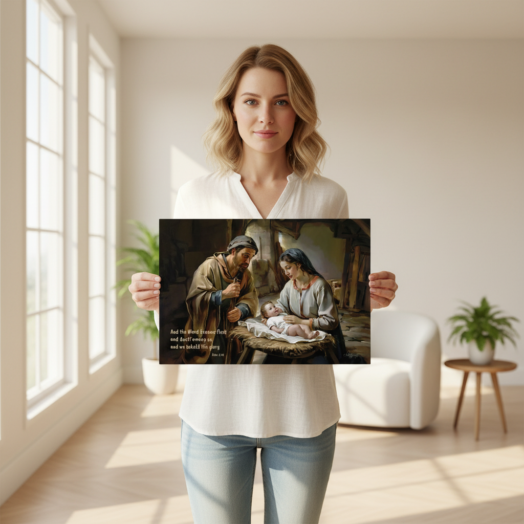 Woman holding a print of a religious scene in a bright room
