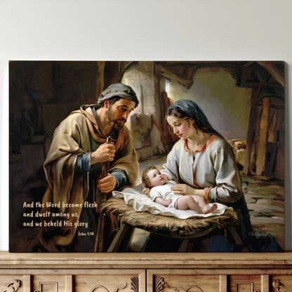 Painting of a Joseph, Mary and baby Jesus with religious text on a wooden surface.