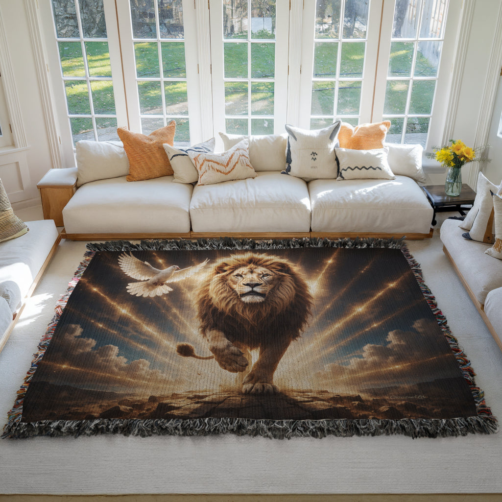 Lion of Judah, Holy Spirit, Clouds and Golden Rays- Heirloom Woven Blanket