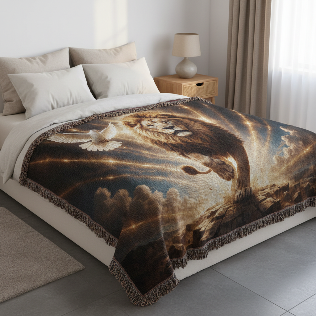 Lion of Judah, Holy Spirit, Clouds and Golden Rays- Heirloom Woven Blanket