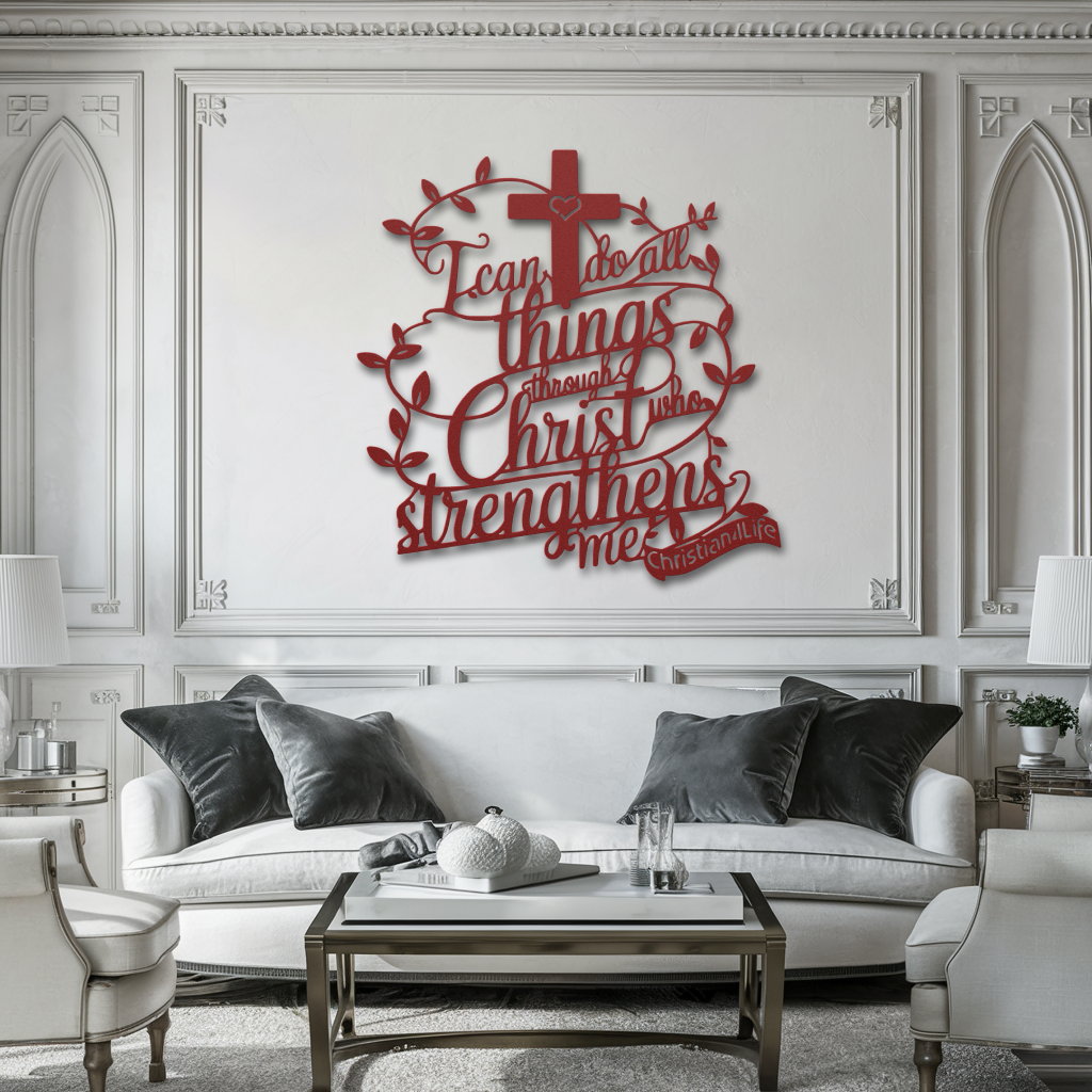 "I can do all things through Christ who strengthens me" Christian die-cut metal sign-(traced Heart)-red or silver