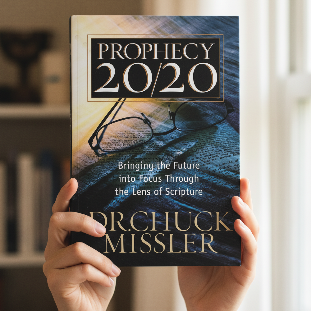 Book titled 'Prophecy 20/20' by Dr. Chuck Missler held in hands with a blurred background