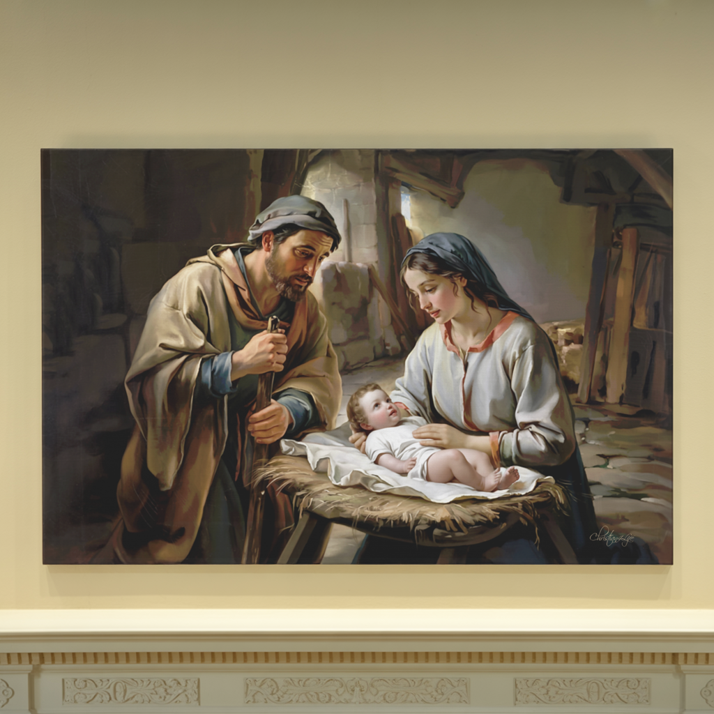 Painting of baby Jesus, Joseph and Mary  in a rustic setting