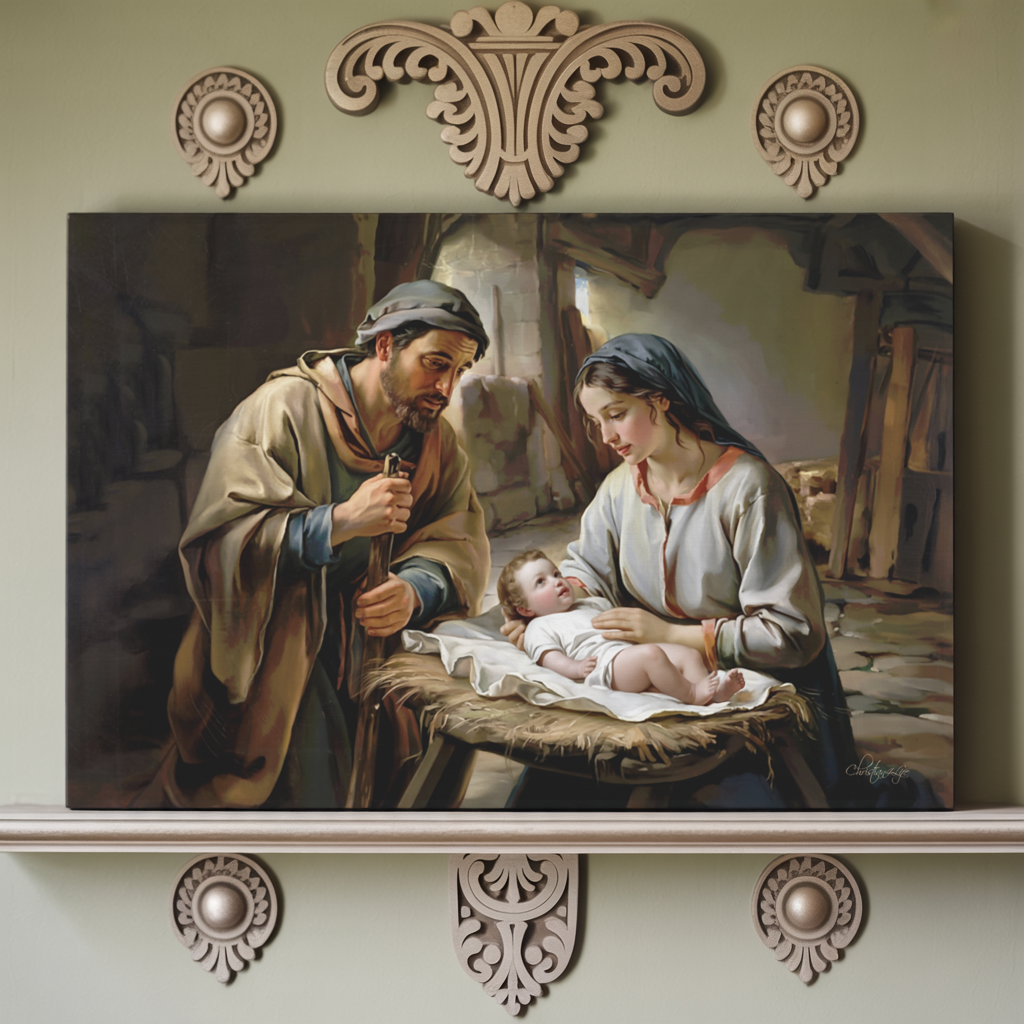 Painting of baby Jesus, Joseph and Mary  on a shelf with decorative elements.