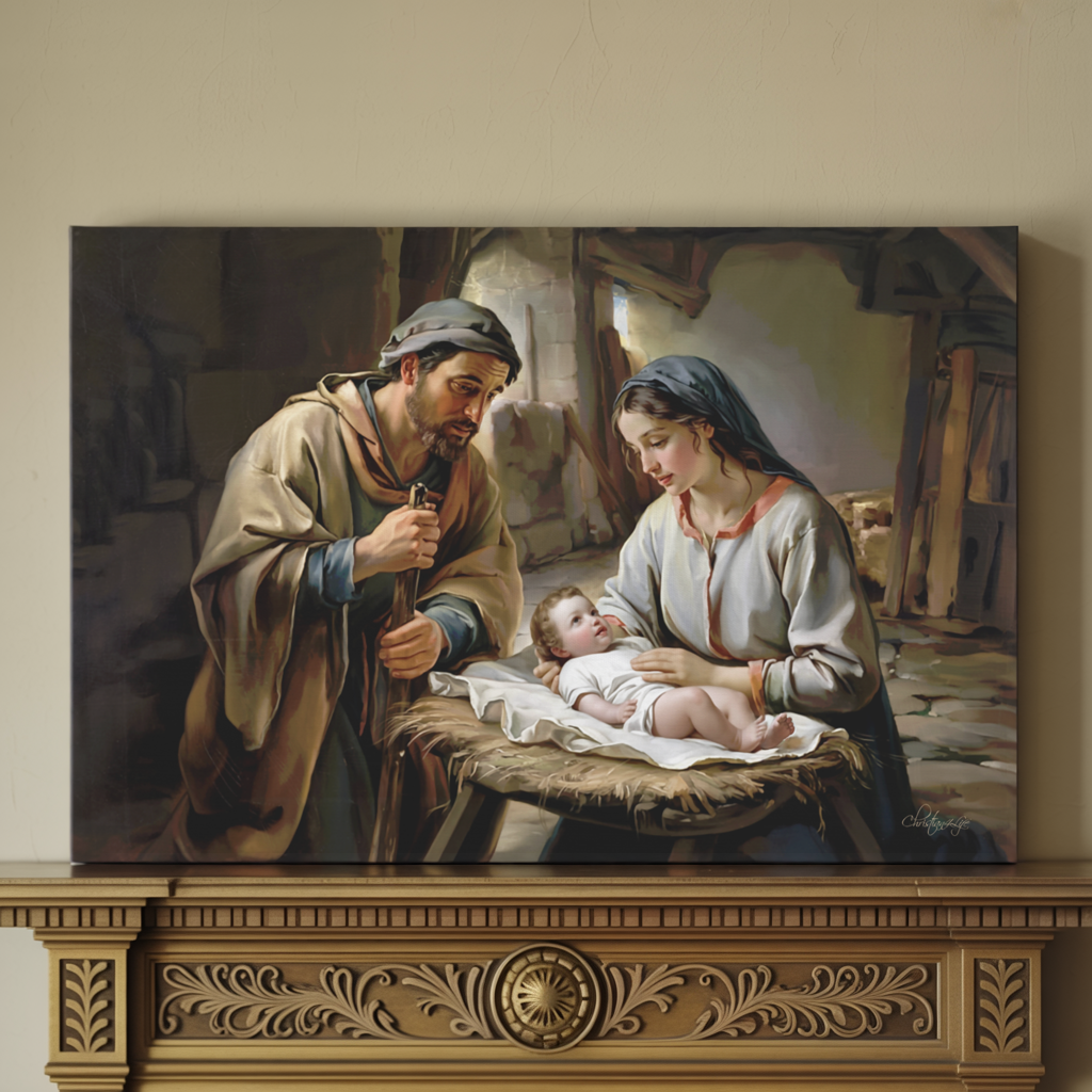 Painting of baby Jesus, Joseph and Mary  holding a baby on a wooden shelf.