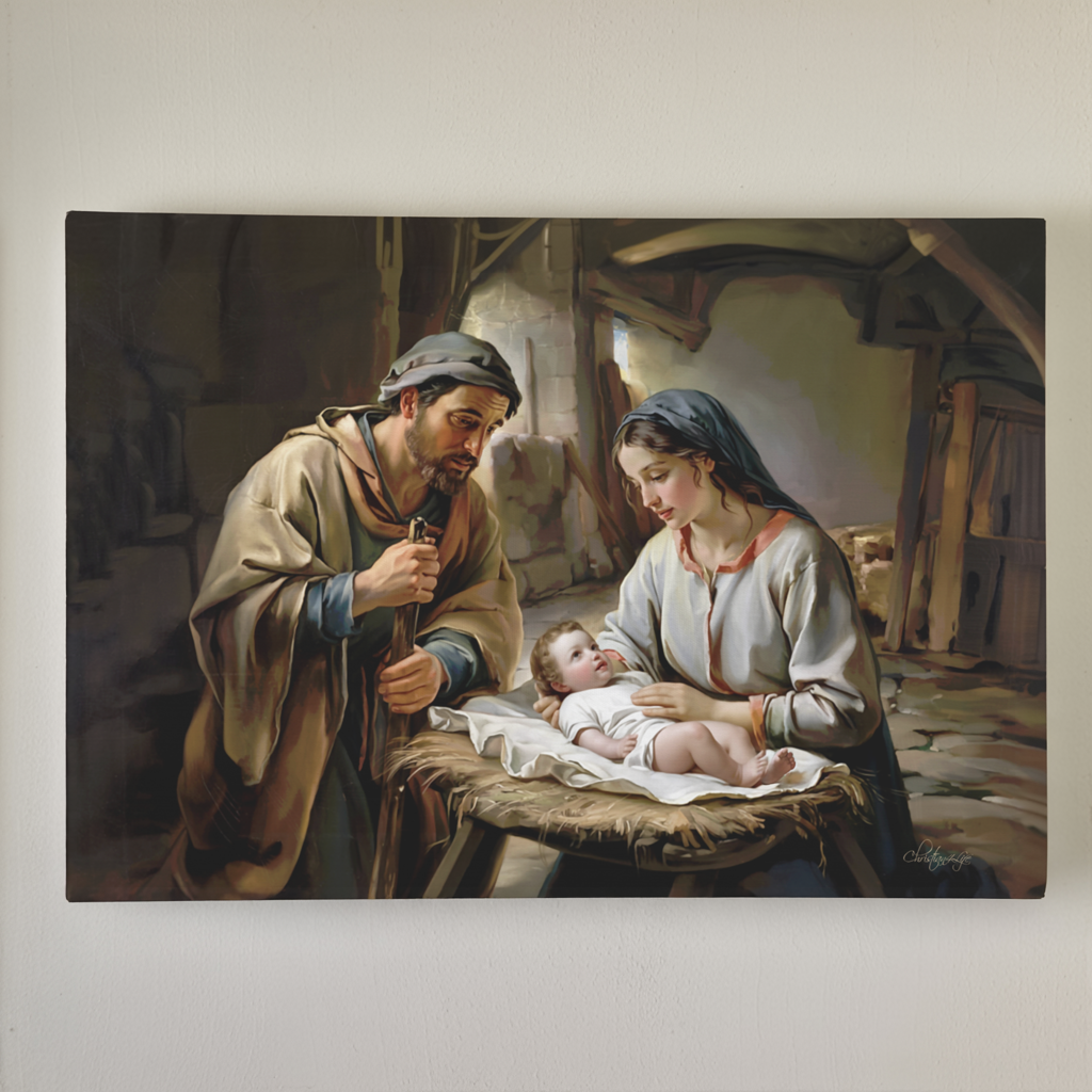 Painting of baby Jesus, Joseph and Mary in a rustic setting