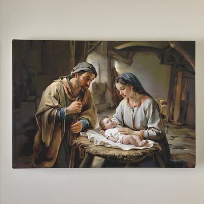 Painting of baby Jesus, Joseph and Mary in a rustic setting
